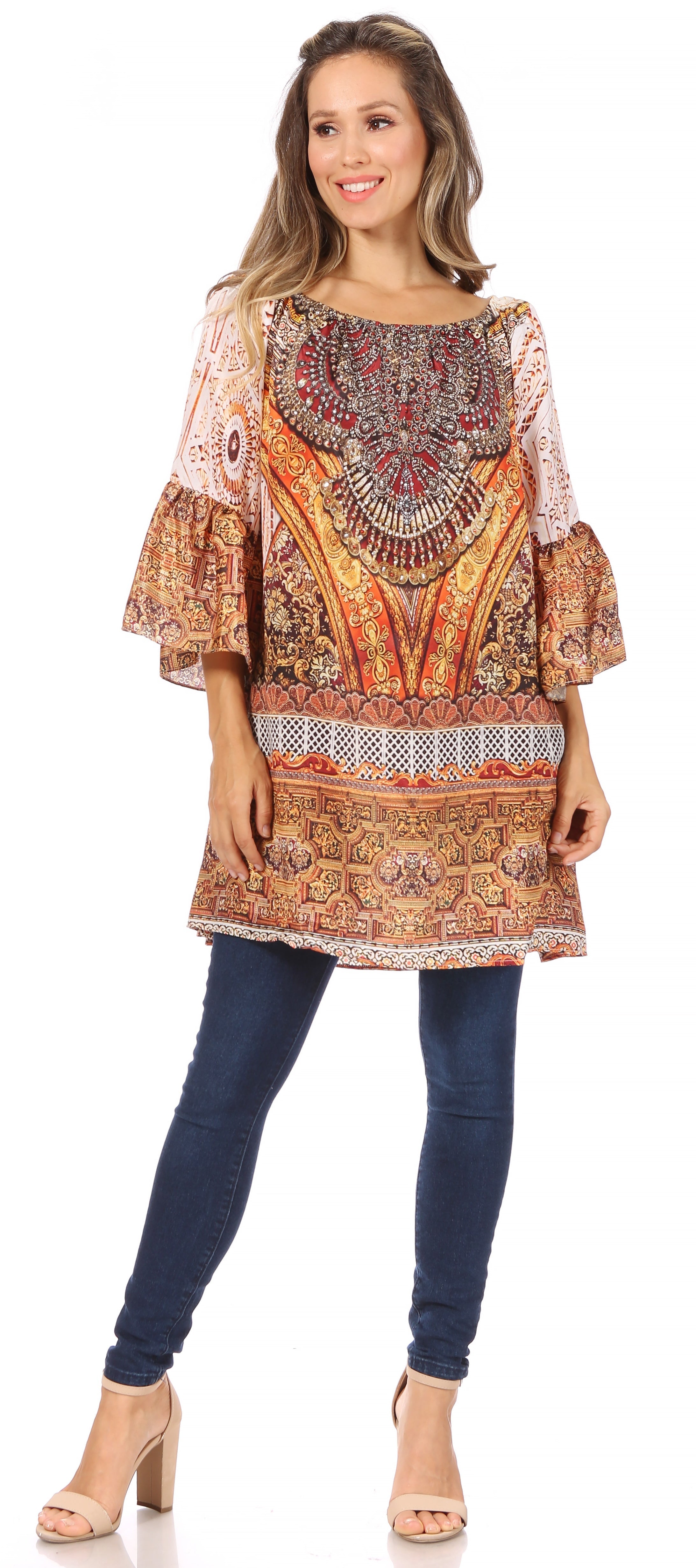 Sakkas Inna Colorful Shift Dress Tunic with Bell Ruffled Sleeves & Rhinestones