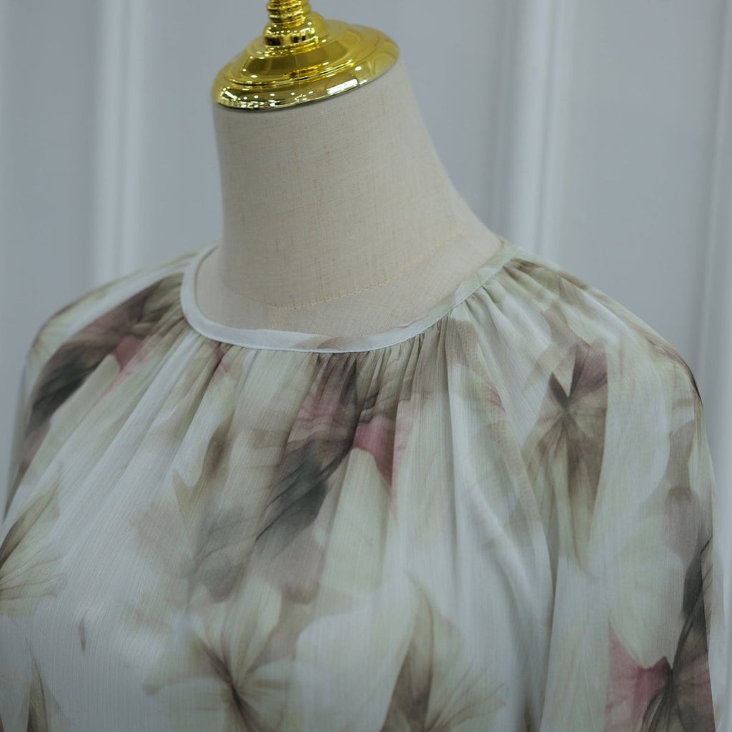 Watercolour Print Double-Layer Flared-Sleeve Maxi Dress(MS479)