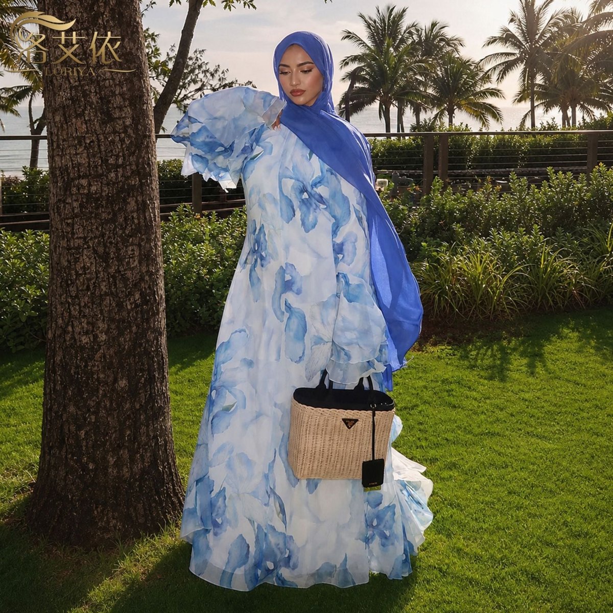 Watercolour Print Double-Layer Flared-Sleeve Maxi Dress(MS479)